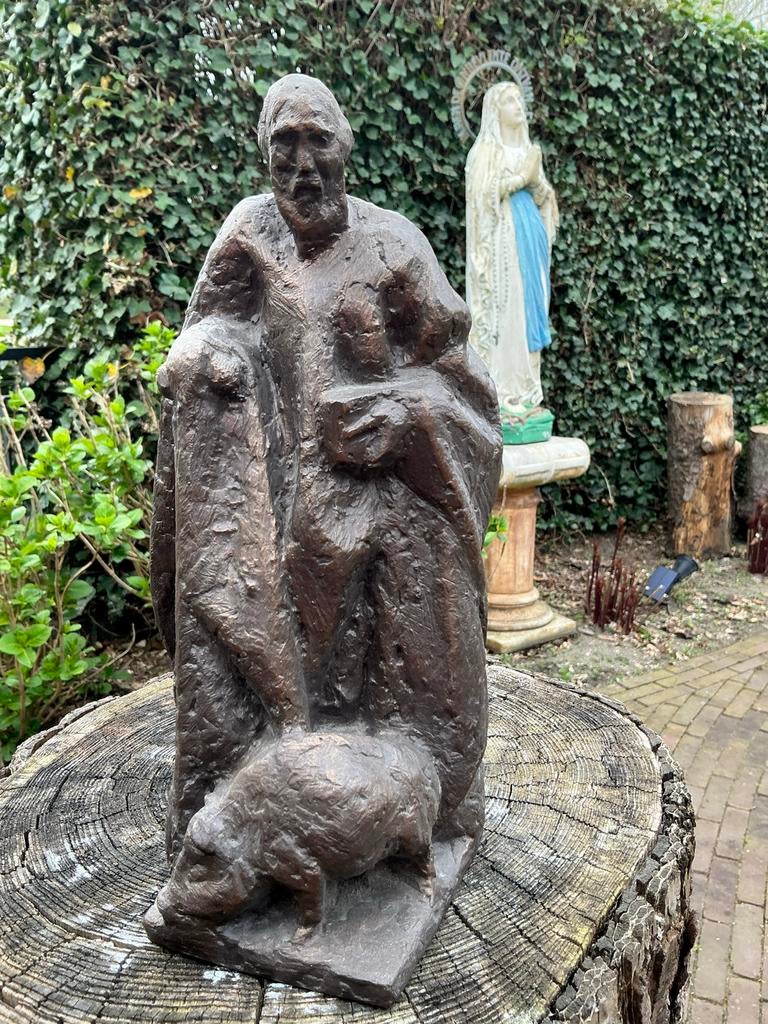 Uniek gebronsd beeld St. Anthonius ❤️ Abt met varken, Antiek en Kunst, Ophalen of Verzenden