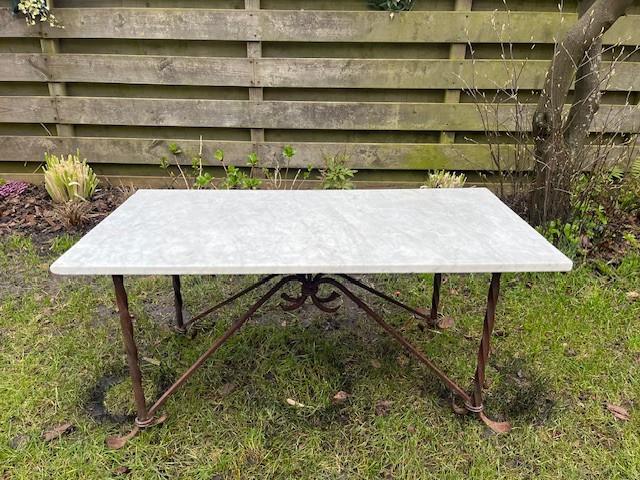 Tuintafel ijzer met marmeren blad, Ophalen, Gebruikt, Rechthoekig, Metaal