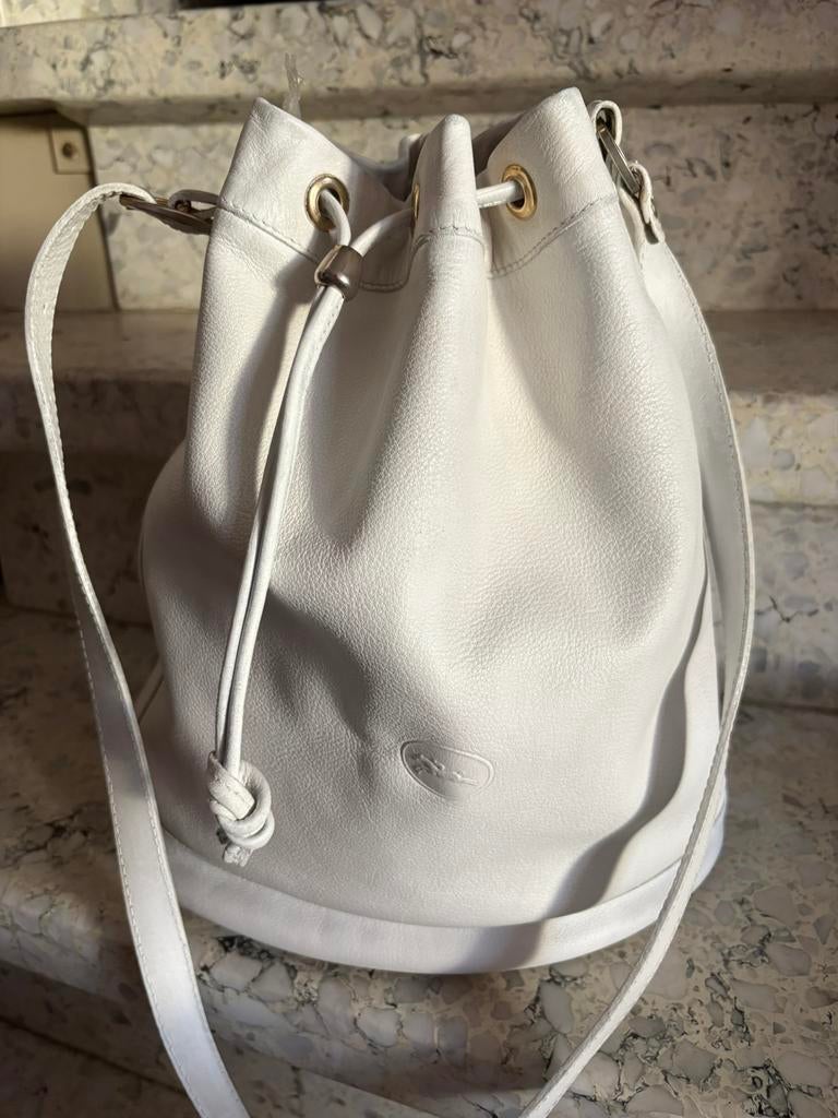 LONCHAMP vintage lederen bucket tas wit, Ophalen of Verzenden, Zo goed als nieuw, Wit, Handtas