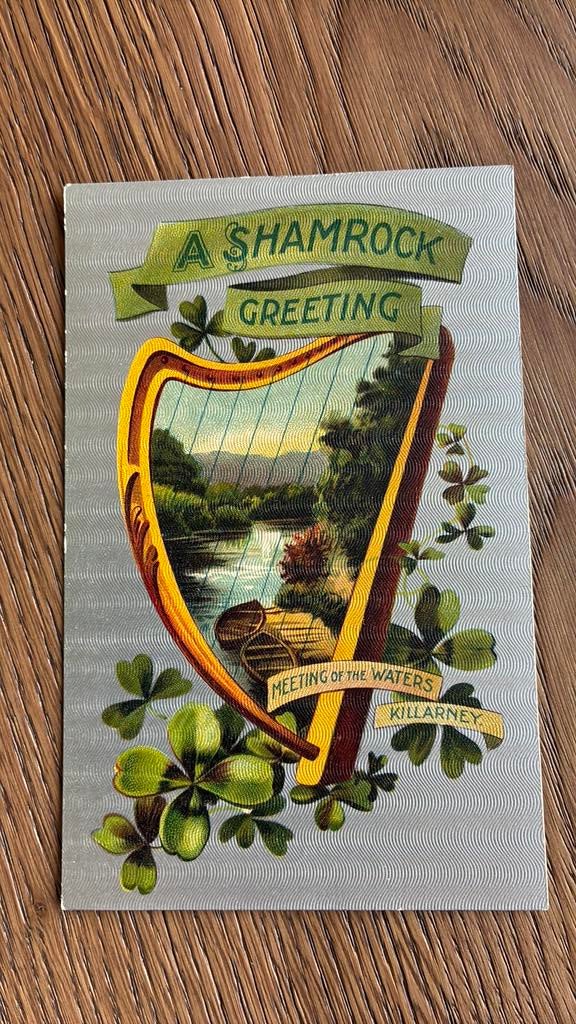 Iers.2 kaarten.shamrock greeting.Harp,landelijk,water,klaver, Ophalen of Verzenden, Voor 1920, Ongelopen