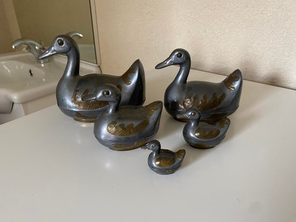 5 tinnen met koper eendjes, Ophalen of Verzenden, Zo goed als nieuw