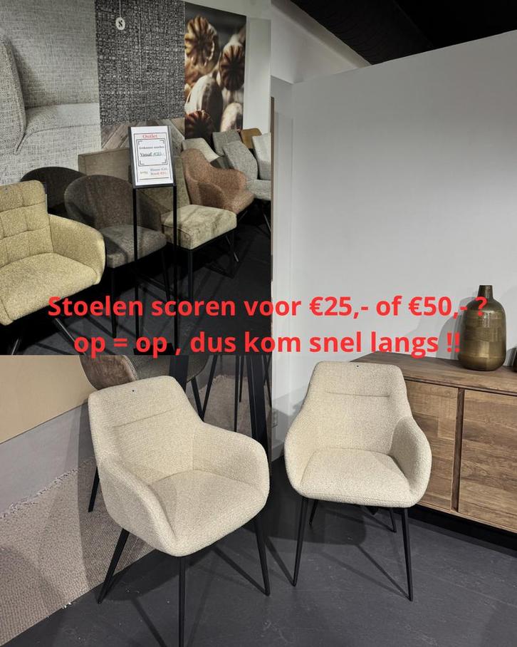 OUTLET DEAL: Stoelen vanaf €25,- bij Sanders Wonen, Huis en Inrichting, Stoelen, Nieuw, Vijf, Zes of meer stoelen, Stof, Overige kleuren