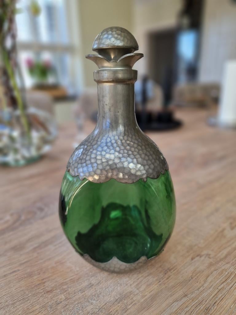 Mooie groen glazen karaf met tin van Daalderop, Ophalen of Verzenden