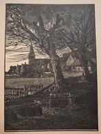 Houtsnede Nieuwendam - Dorpsgezicht met kerk en bomen, Ophalen of Verzenden