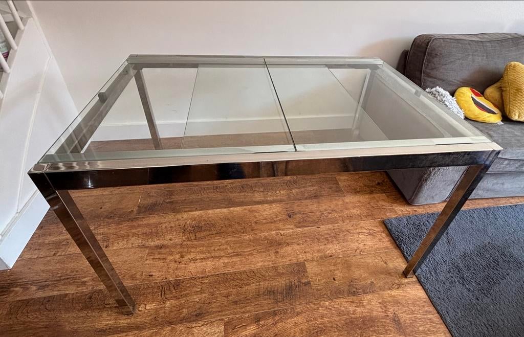 Uitschuifbare eettafel van aluminium en glas, Ophalen, Gebruikt, 100 tot 150 cm, 50 tot 100 cm