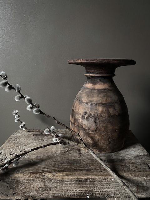 Oude Nepalese houten pot kruik hout sober authentiek uniek, Ophalen of Verzenden, Nieuw