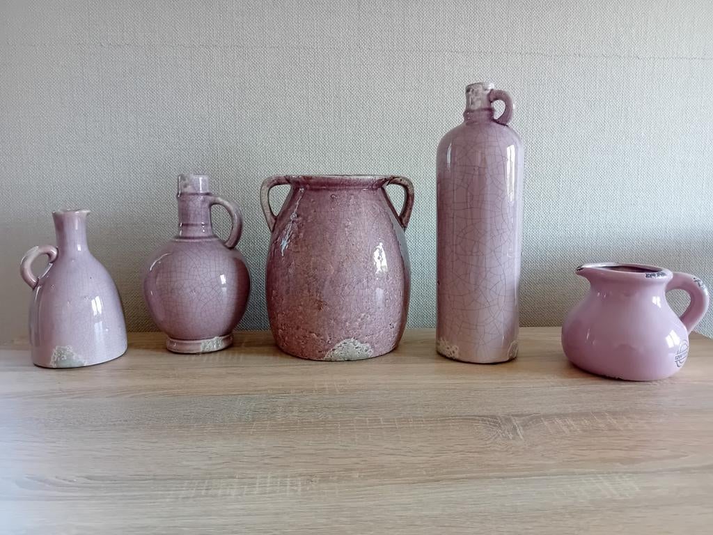 Set van 5 keramische kruiken en vazen in roze tinten, Huis en Inrichting, Overige kleuren, Aardewerk of Porselein, Ophalen of Verzenden