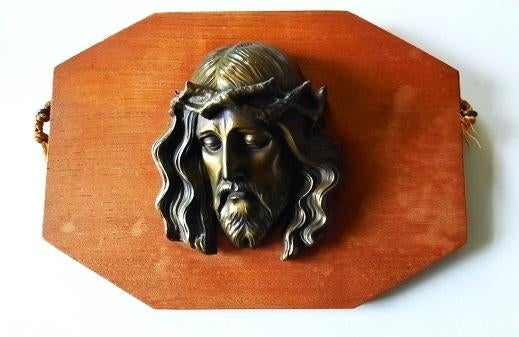 Vintage Wandbord Jezus met Doornenkroon, bronslook op hout, Ophalen, Gebruikt, Overige typen
