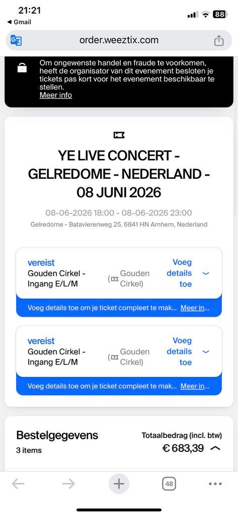 GOLDEN CIRCLE! 2 tickets Kanye West 8 juni GelreDome!, Twee personen, Juni