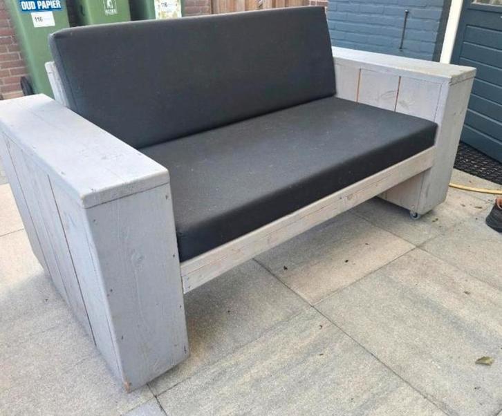 Steigerhouten loungeset met zwarte kussens en wieltjes, Tuin en Terras, Tuinbanken, Hout, Ophalen