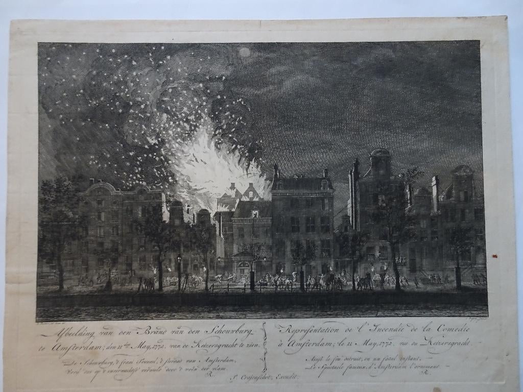Ets brand schouwburg Amsterdam Keizersgracht Bogerts 1772, Stadsgezicht, Origineel, 1700 - 1799, Verzenden