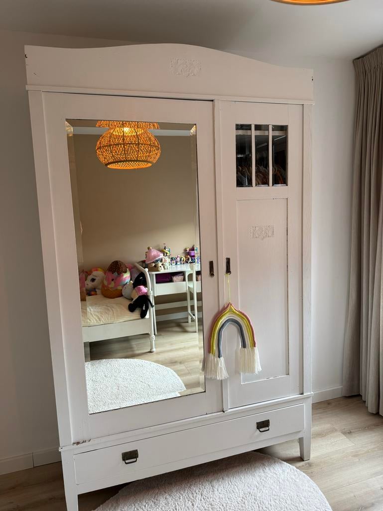 Antieke eiken houten kast met spiegel, wit geverfd, Antiek en Kunst, Ophalen