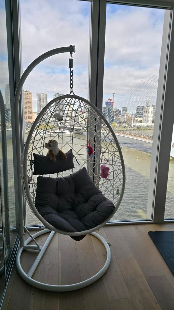 Comfortabele Witte Egg Swing Stoel met Grijs Kussen, Ophalen