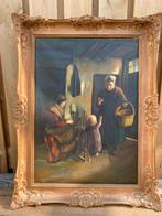 Oud Hollands tafereel: Vrouw aan spinnewiel met kind, Antiek en Kunst, Kunst | Schilderijen | Klassiek, Ophalen