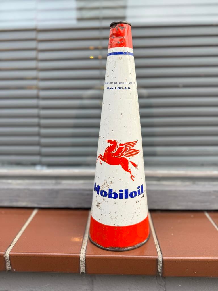 Vintage Mobiloil olieblik - Zeldzaam Reclameobject, Verzamelen, Ophalen, Gebruikt, Gebruiksvoorwerp, .