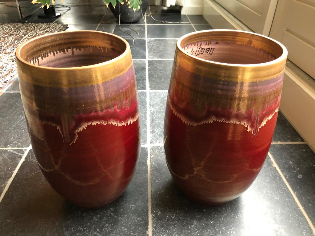 ECRI  2 keramische bloempotten met reactief/vloeiend glazuur, Tuin en Terras, Bloempotten, Ophalen, Rond, Zo goed als nieuw, Minder dan 25 cm
