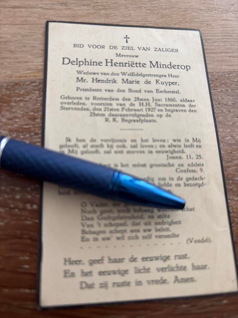 Minderop Delphine 1860 Rotterdam 1927 x de Kuyper, Verzamelen, Bidprentjes en Rouwkaarten, Ophalen of Verzenden