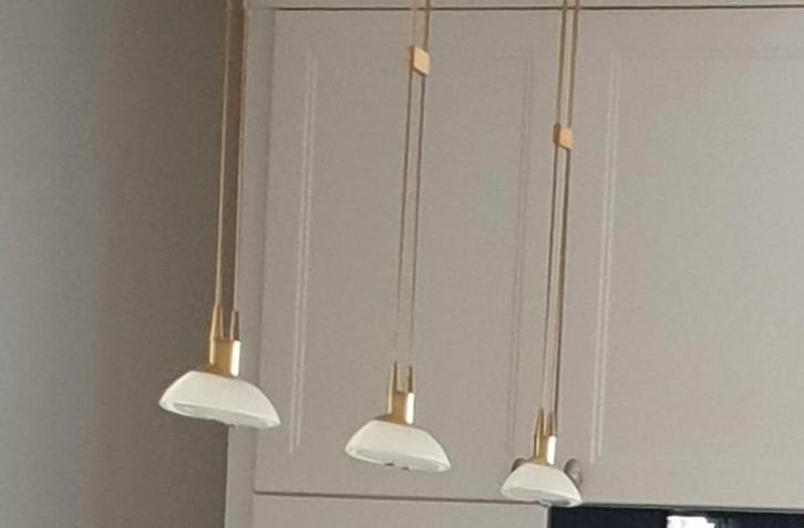 Tafel hanglamp, messing, in goede staat en compleet, Huis en Inrichting, Lampen | Hanglampen, 75 cm of meer, Ophalen