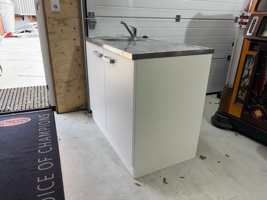 Keukenblok met RVS blad en mengkraan 1m, Gebruikt, Wit, Enkelwandige keuken, Ophalen of Verzenden