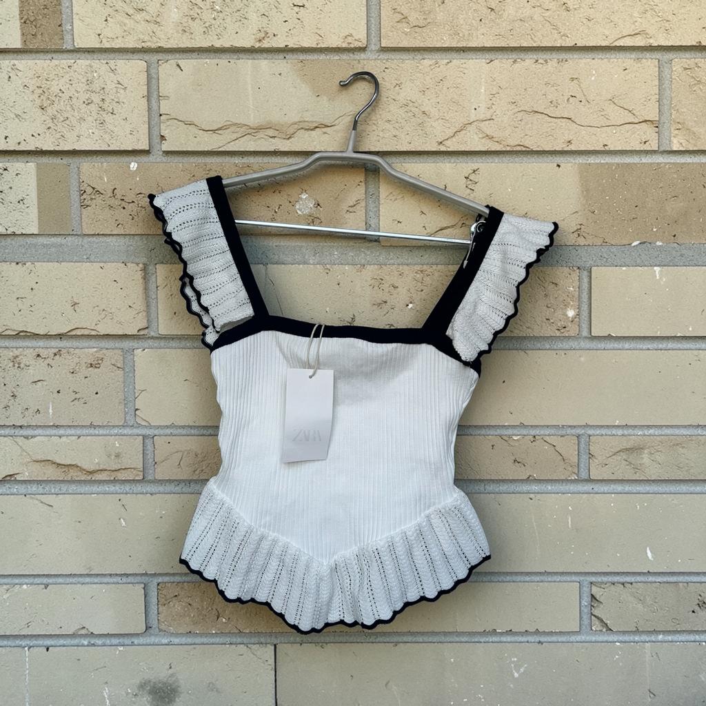 NWT Zara Top Maat M Wit Zwart Ribstof Gehaakt Crop Y2K Style, Maat 38/40 (M), Z, Z, Wit