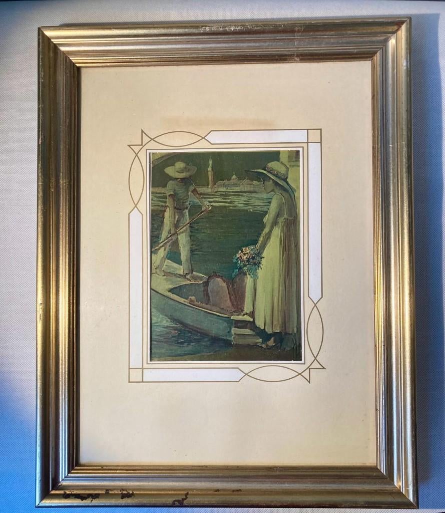 Lithografie van een stel in een Venetiaanse gondel., Antiek en Kunst, Kunst | Litho's en Zeefdrukken, Ophalen of Verzenden