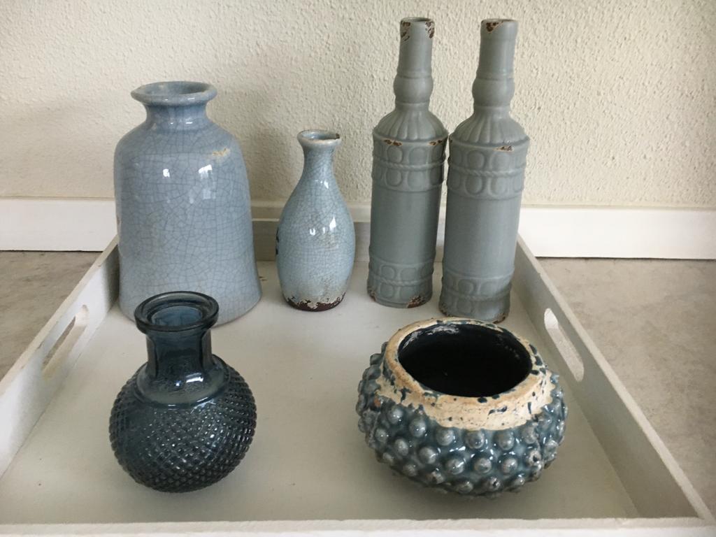 flessen vazen potten grijs/ijs blauw geglazuurd H 11- 29, Ophalen of Verzenden, Zo goed als nieuw, Grijs, Overige materialen