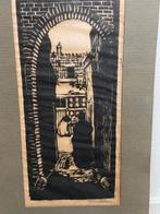 Houtsnede/Linosnede gesigneerd- Steegje, 31 cm, Dagelijks leven, Ingelijst, Ophalen of Verzenden