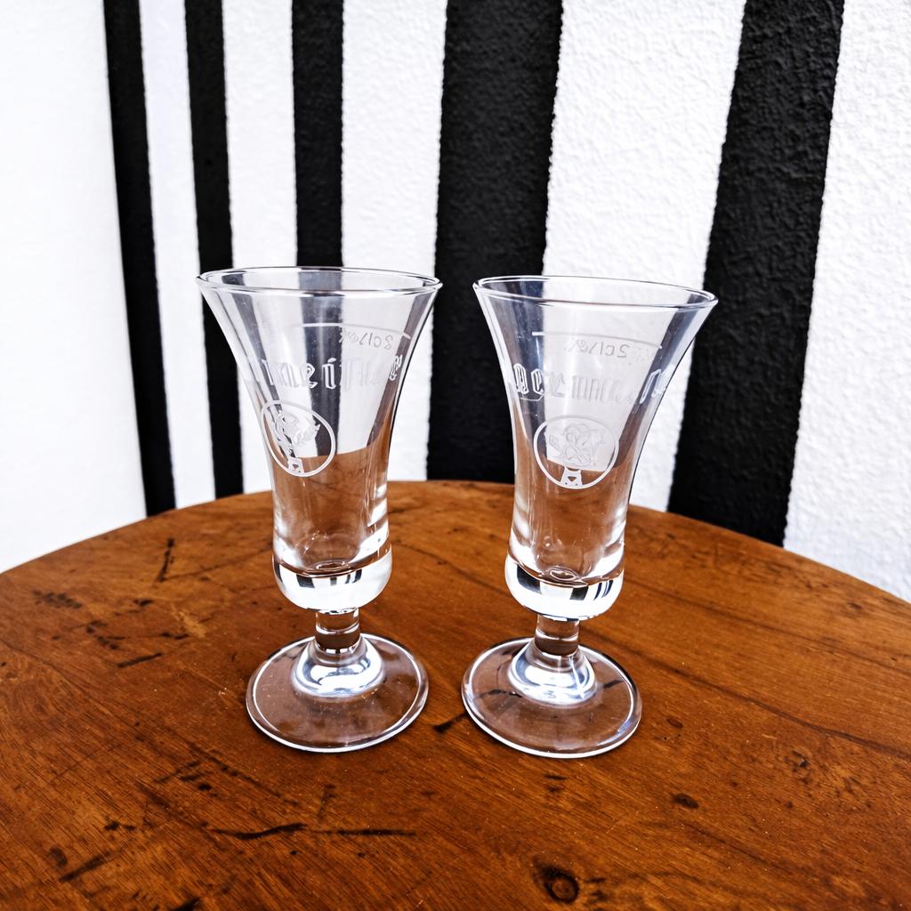 vintage set van 2 jagermeister glazen op voet/herten logo, Verzamelen, Ophalen of Verzenden, Zo goed als nieuw, Borrel- of Shotglas