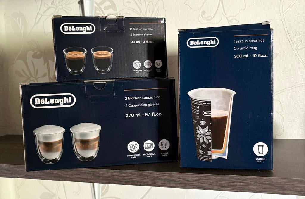 De'Longhi Koffieset (Espresso, Cappuccino & Travel Mug), Glas of Glazen, Nieuw, Ophalen of Verzenden, Glas