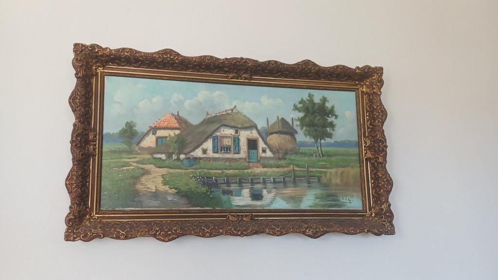 Olieverfschilderij: Hollandse boerderij aan het water, Ophalen