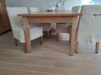 Teakhouten eettafel met 6 stoelen (hoezen wasbaar), Gebruikt, 100 tot 150 cm, Teakhout, Ophalen of Verzenden