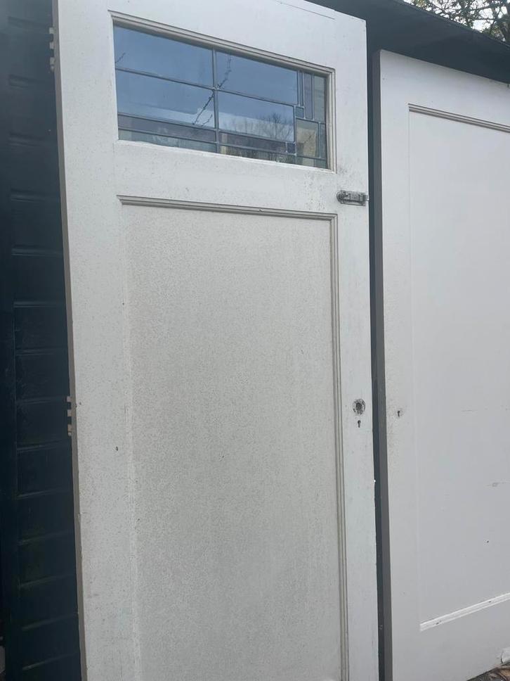 Authentieke Jaren '30 binnendeur met glas in lood, Doe-het-zelf en Verbouw, Deuren en Horren, Gebruikt, Binnendeur, 200 tot 215 cm