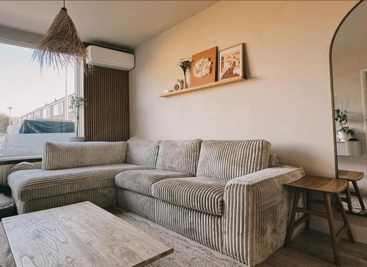 Hoekbank my sofa - beige rib velours teddy, Huis en Inrichting, Banken | Bankstellen, Zo goed als nieuw, Hoekbank, Vierpersoons of meer