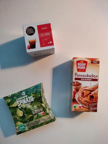 AH mini's spinazie, pannekoek, Dolce Gusto koffie beschikbaar voor biedingen