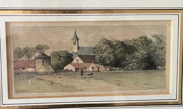 Oude lithoprent van Huizen, Antiek en Kunst, Kunst | Litho's en Zeefdrukken, Ophalen of Verzenden