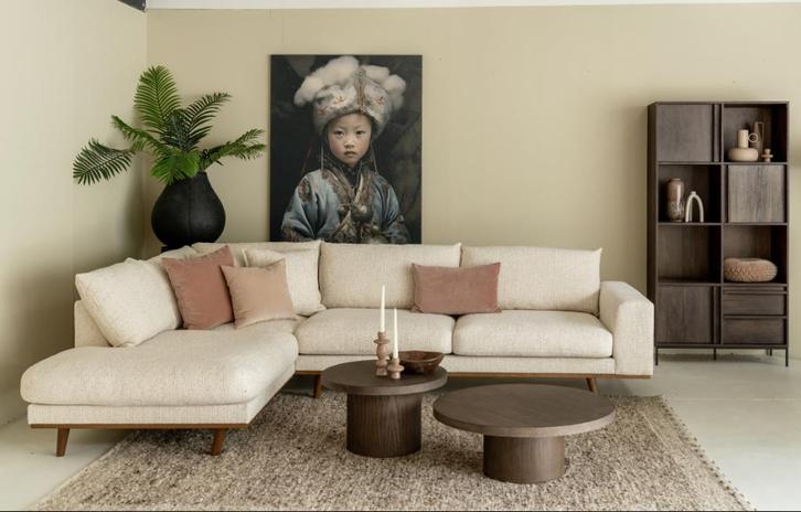 Japandi bank beige met bruine poot/plint hoekbank, Huis en Inrichting, Banken | Complete zithoeken, Gebruikt, Ophalen