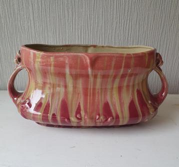 Art nouveau/Art deco jardinière met rood-geel druipglazuur beschikbaar voor biedingen