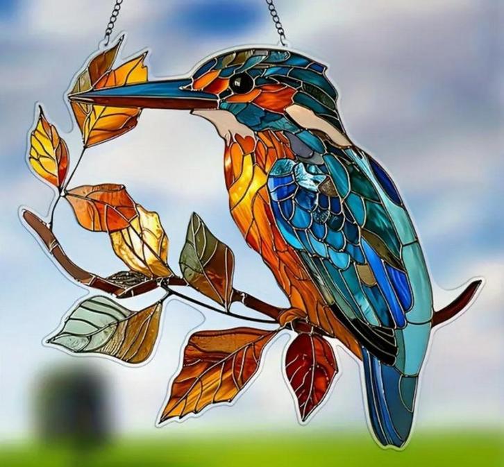 Raamhanger ijsvogel ( glas in lood stijl ), Tuin en Terras, Tuinwanddecoratie, Nieuw, Verzenden