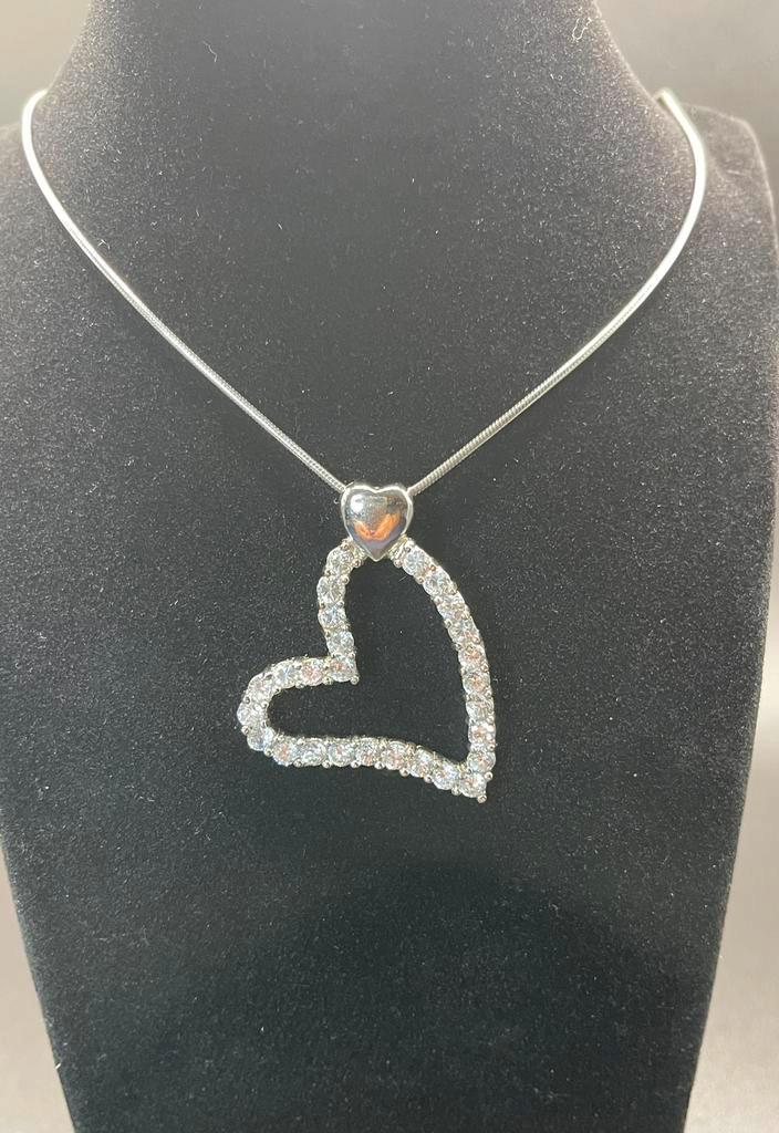Zilveren ketting met groot open hart met zirkonia, Sieraden, Tassen en Uiterlijk, Kettingen, Zo goed als nieuw, Zilver, Zilver