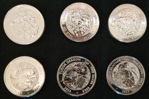 6x 2 oz Tudor's Beasts Zilver Munten 2022 t/m 2025, Postzegels en Munten, Edelmetalen en Baren, Zilver, Ophalen of Verzenden