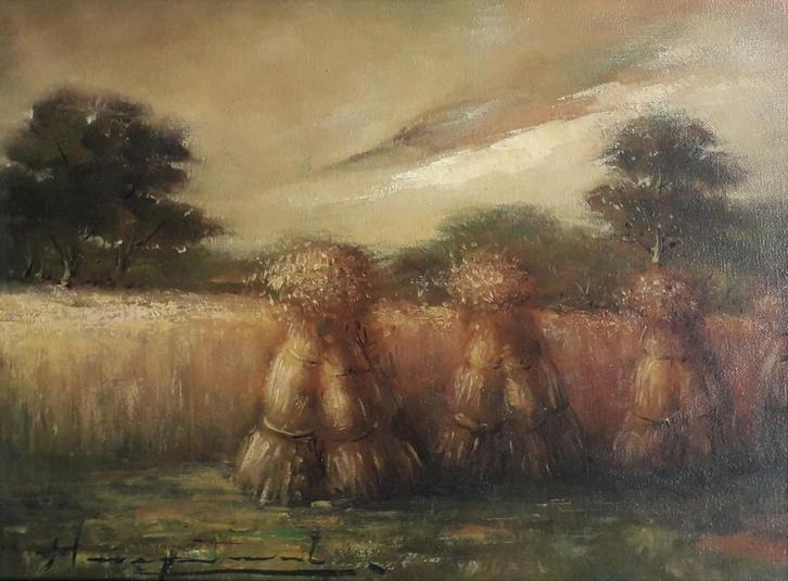 NOSTALGISCH LANDSCHAP MET KORENSCHOVEN🌾AKKER>BOERENLEVEN 🚜, Antiek en Kunst, Kunst | Schilderijen | Klassiek, Ophalen of Verzenden