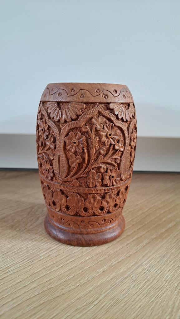 Houten Potje/Vaasje met Bloemenmotief, Antiek en Kunst, Kunst | Beelden en Houtsnijwerken, Ophalen