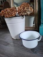 Brocante wit emaille grote emmer en po met blauwe rand, Kunststof, Rond, Ophalen of Verzenden, Zo goed als nieuw