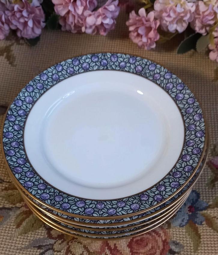 Set van 6 vintage gebaksbordjes, paarse roosjes, Bavaria, Antiek en Kunst, Curiosa en Brocante, Ophalen of Verzenden