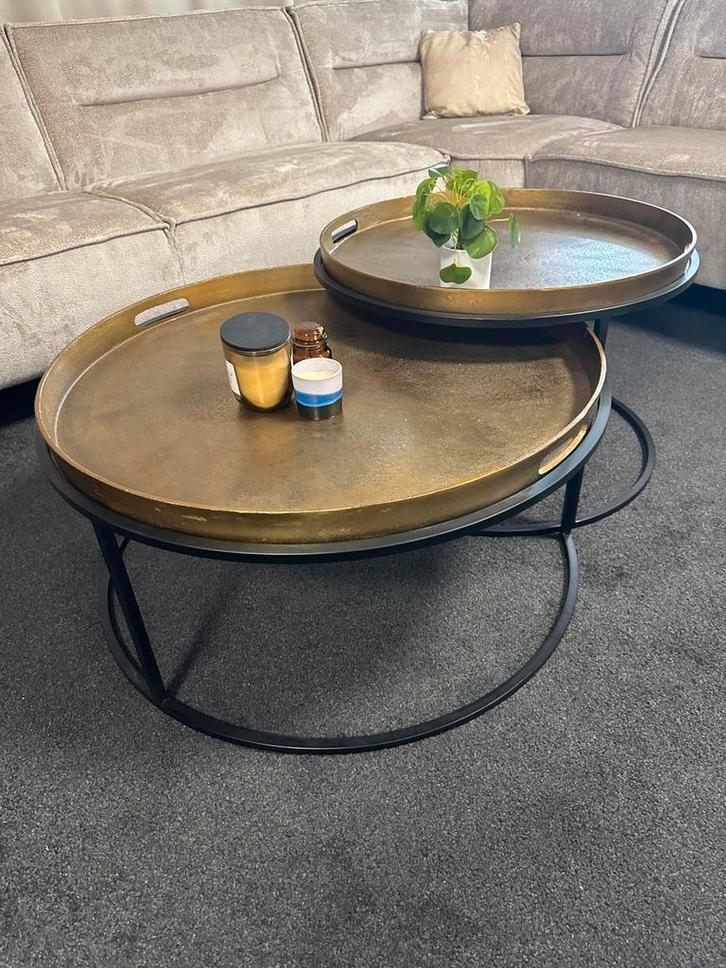 Salontafel & Bijzettafel Gold Zwarte poot 2x rond, Huis en Inrichting, Tafels | Bijzettafels, Nieuw, Rond, Minder dan 55 cm, Ophalen