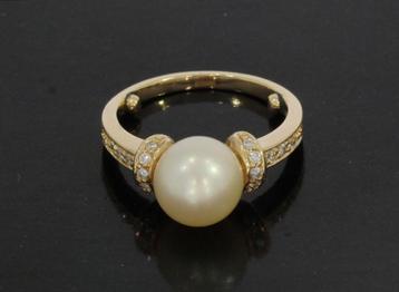 Parel met 16 diamanten luxe 14k gouden design dames ring beschikbaar voor biedingen