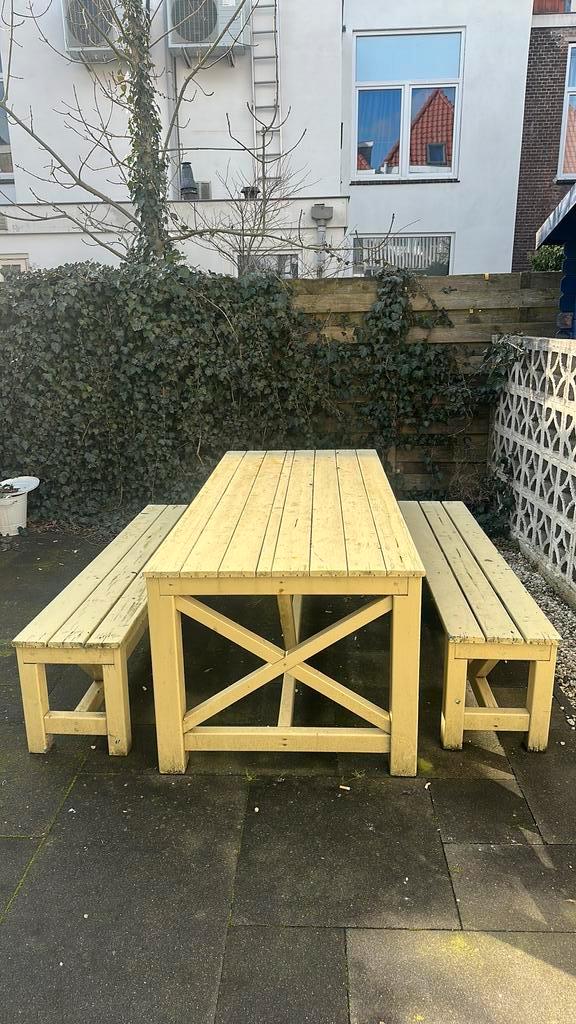 Tuintafel(picknick) met twee passende banken, Tuin en Terras, Picknicktafels, Gebruikt, Rechthoekig, Hout, Inklapbaar, Ophalen