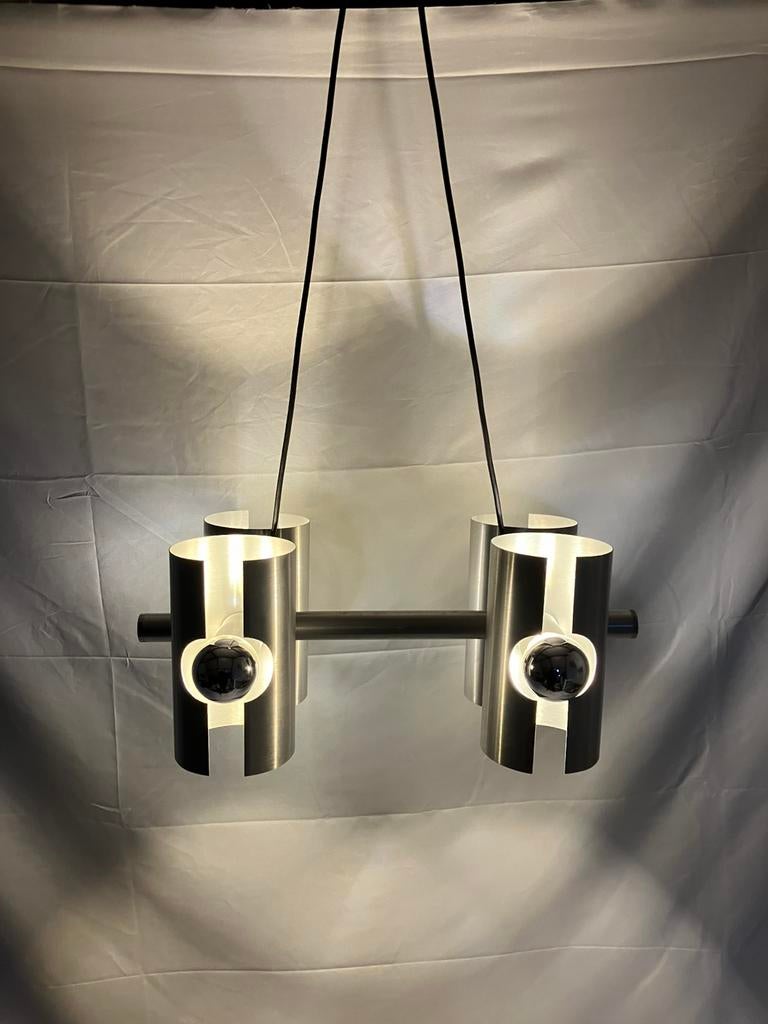 Vintage space age hanglamp, Polam, geborsteld aluminium, Huis en Inrichting, Lampen | Hanglampen, Ophalen of Verzenden, Minder dan 50 cm