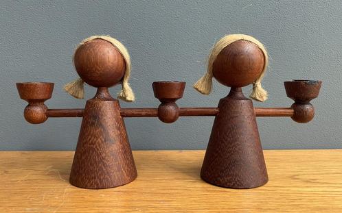 60 jaren teak kandelaar 2 vouwen engelen 3 gaten voor kaars, Huis en Inrichting, Woonaccessoires | Kandelaars en Kaarsen, Gebruikt