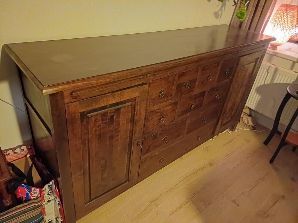 Furu Teak Buffetkast met lades en kastjes, Huis en Inrichting, Kasten | Buffetkasten, Ophalen, Gebruikt, Met deur(en), Rustiek